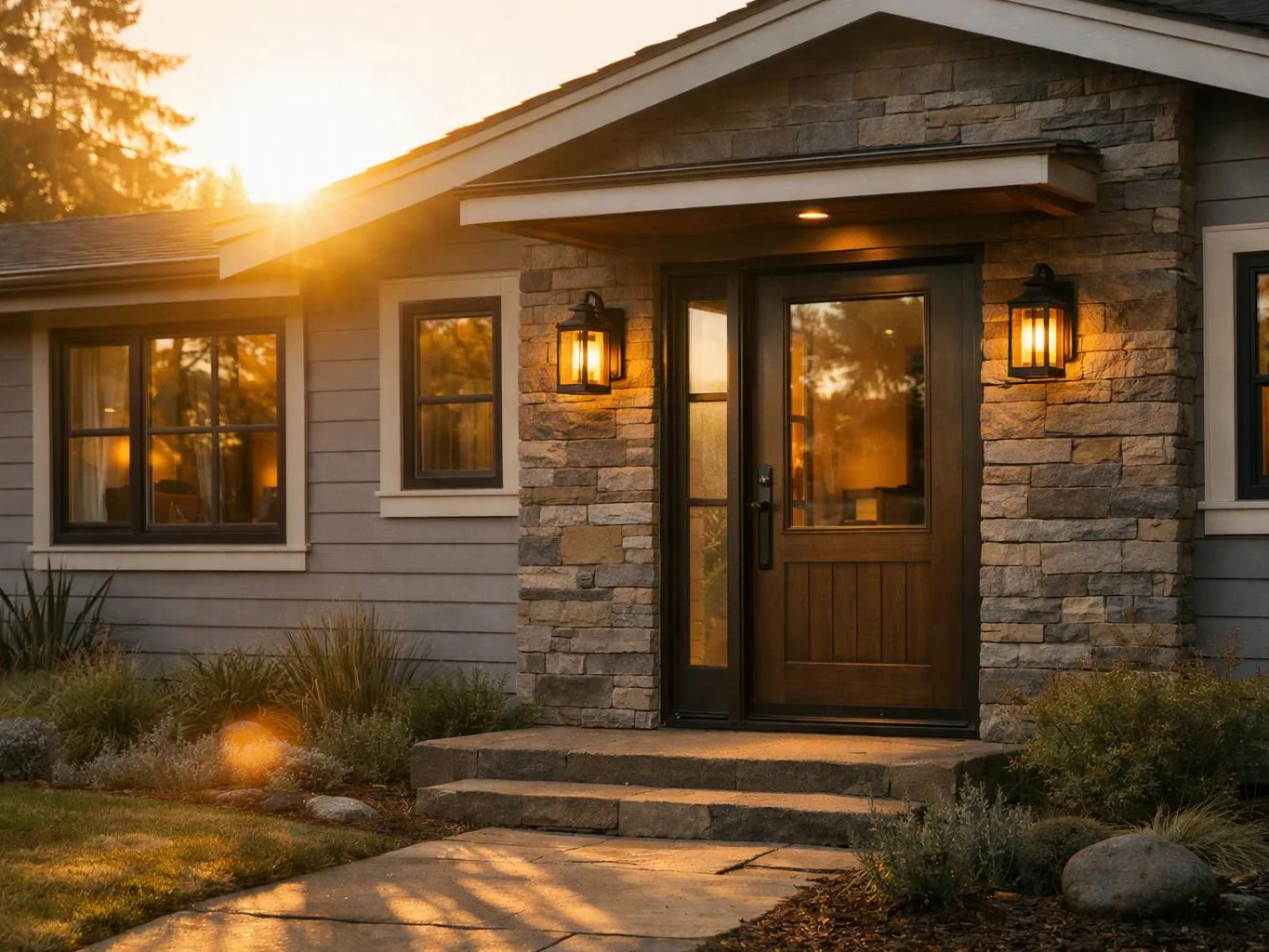 A stone-front house entrance glows at sunset, with lit wall lanterns and a wooden front door