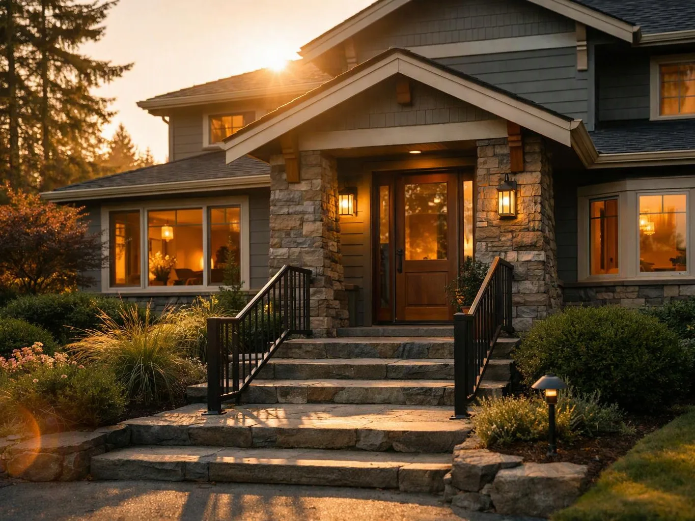 A stone front porch with steps leads to a warmly lit house at sunset