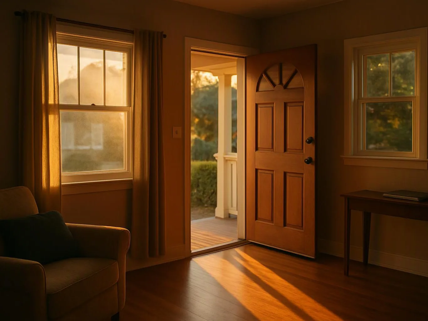 Sunlight fills a quiet living room with an open front door, windows, and a chair