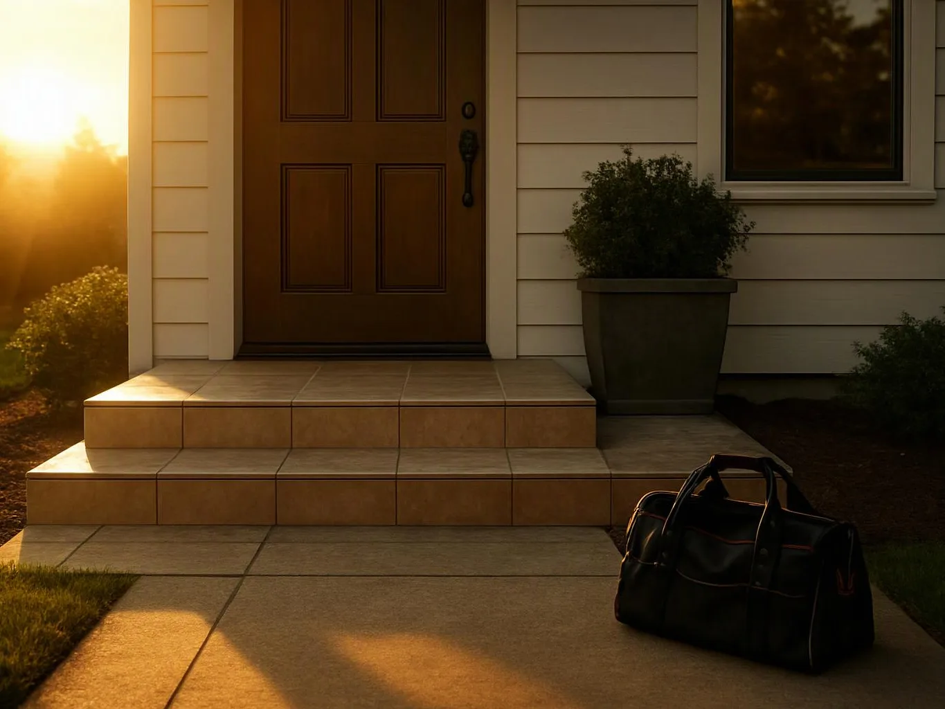Sunlit front porch with tiled steps, a closed wooden door, potted plant, and a black duffel bag on the walkway