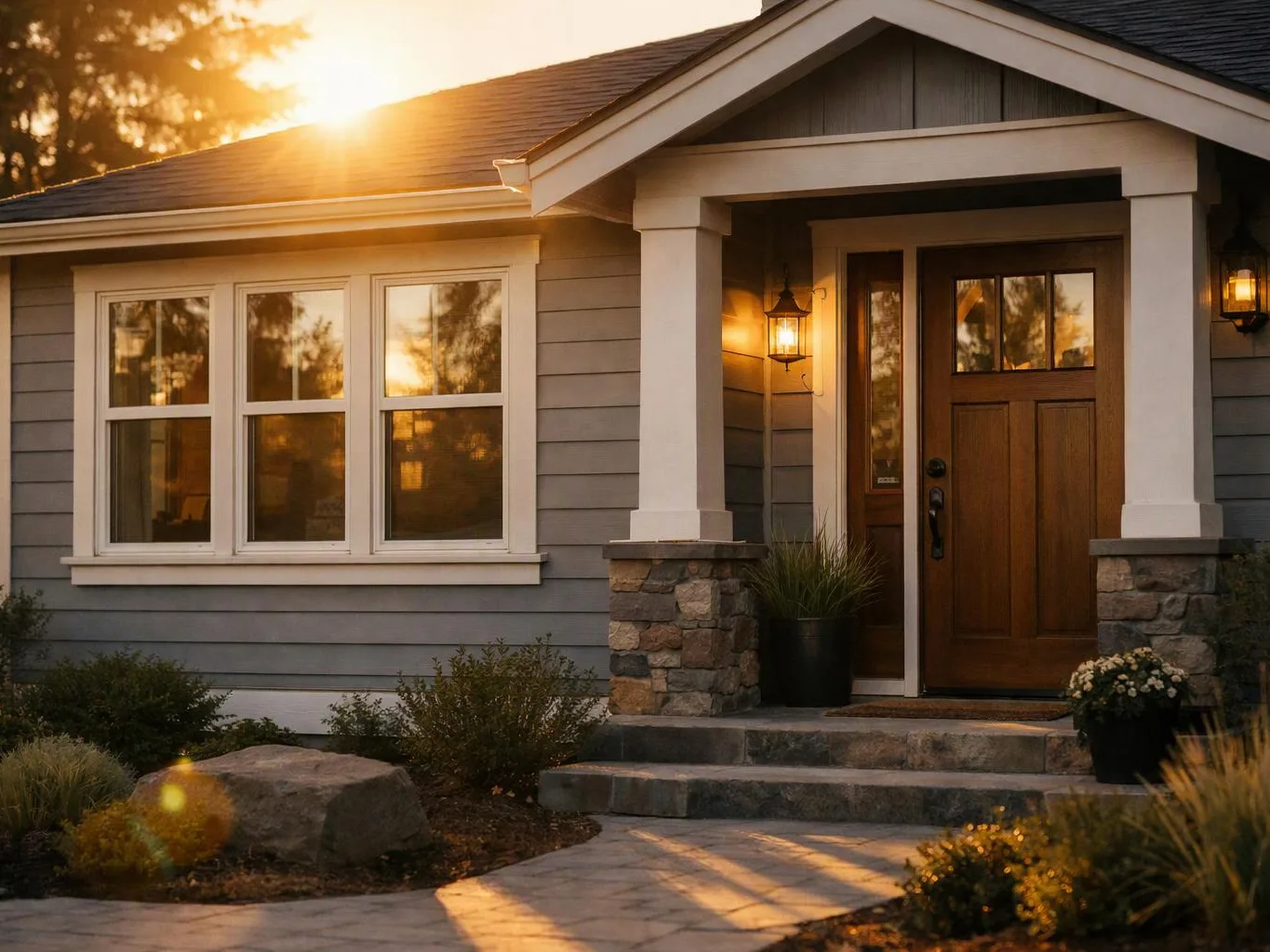 A sunlit house front shows a wooden door, lit porch lamps, windows, stone steps, and a landscaped yard