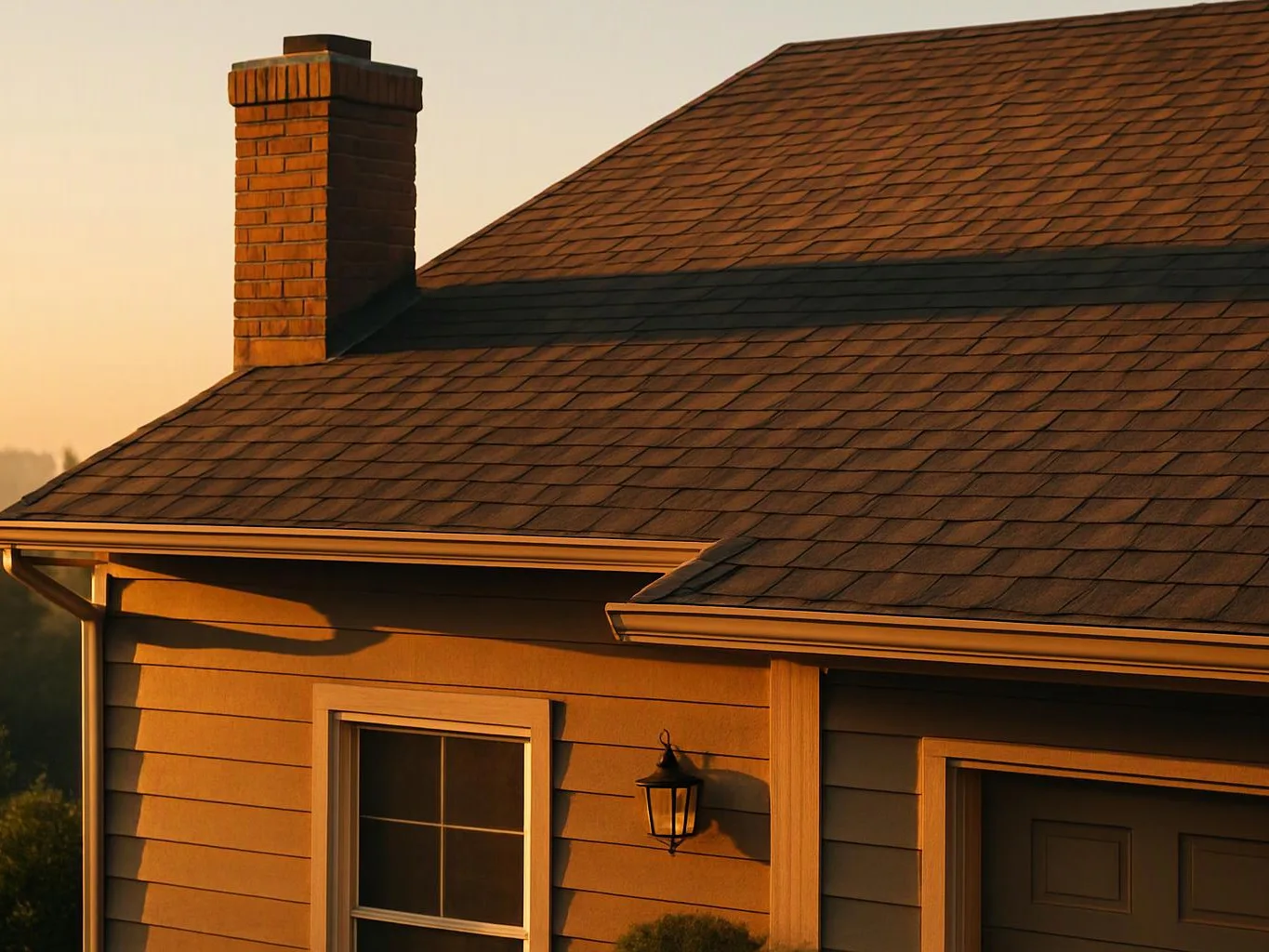 A sunlit house roof with a brick chimney, shingled gables, a window, and a wall lantern