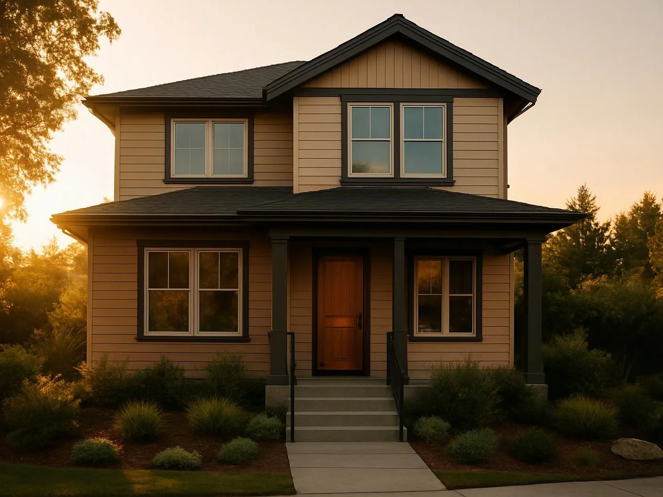 A tan two-story house with a front porch sits in warm sunset light, surrounded by shrubs and trees