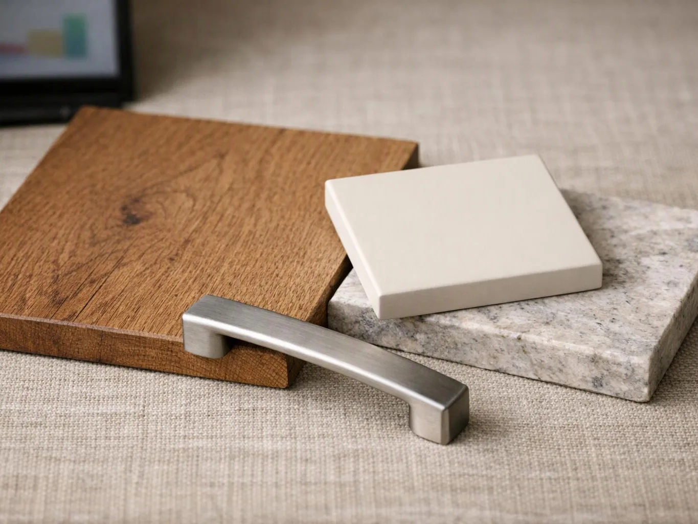 Three cabinet hardware samples rest on fabric, including wood, white stone, and brushed metal finishes