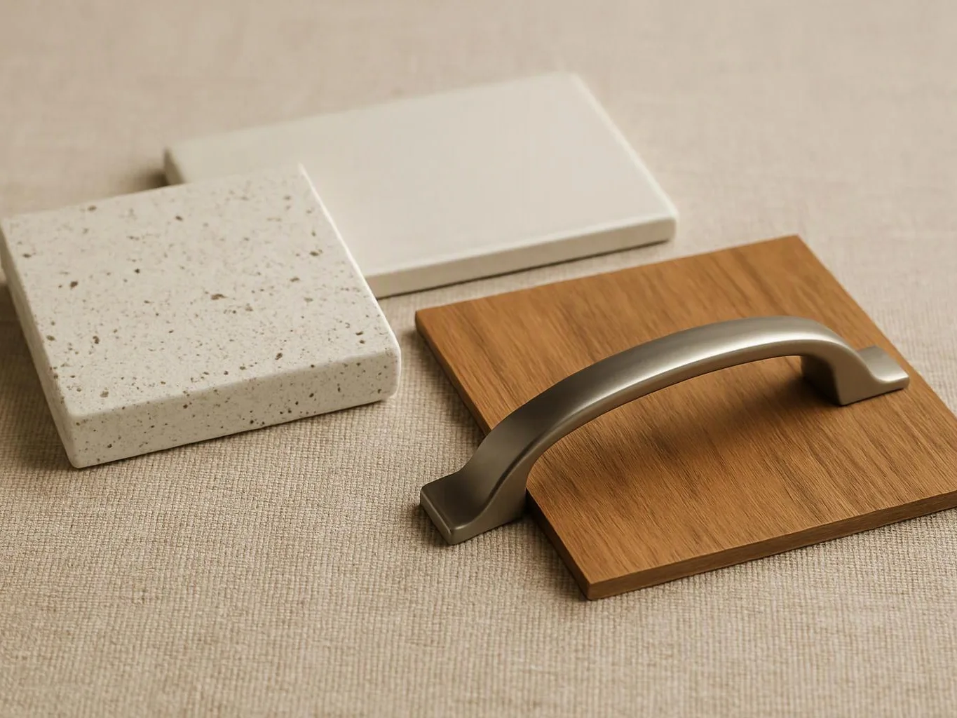Three material samples sit on fabric, including wood, speckled stone, and white tile with a metal handle on top