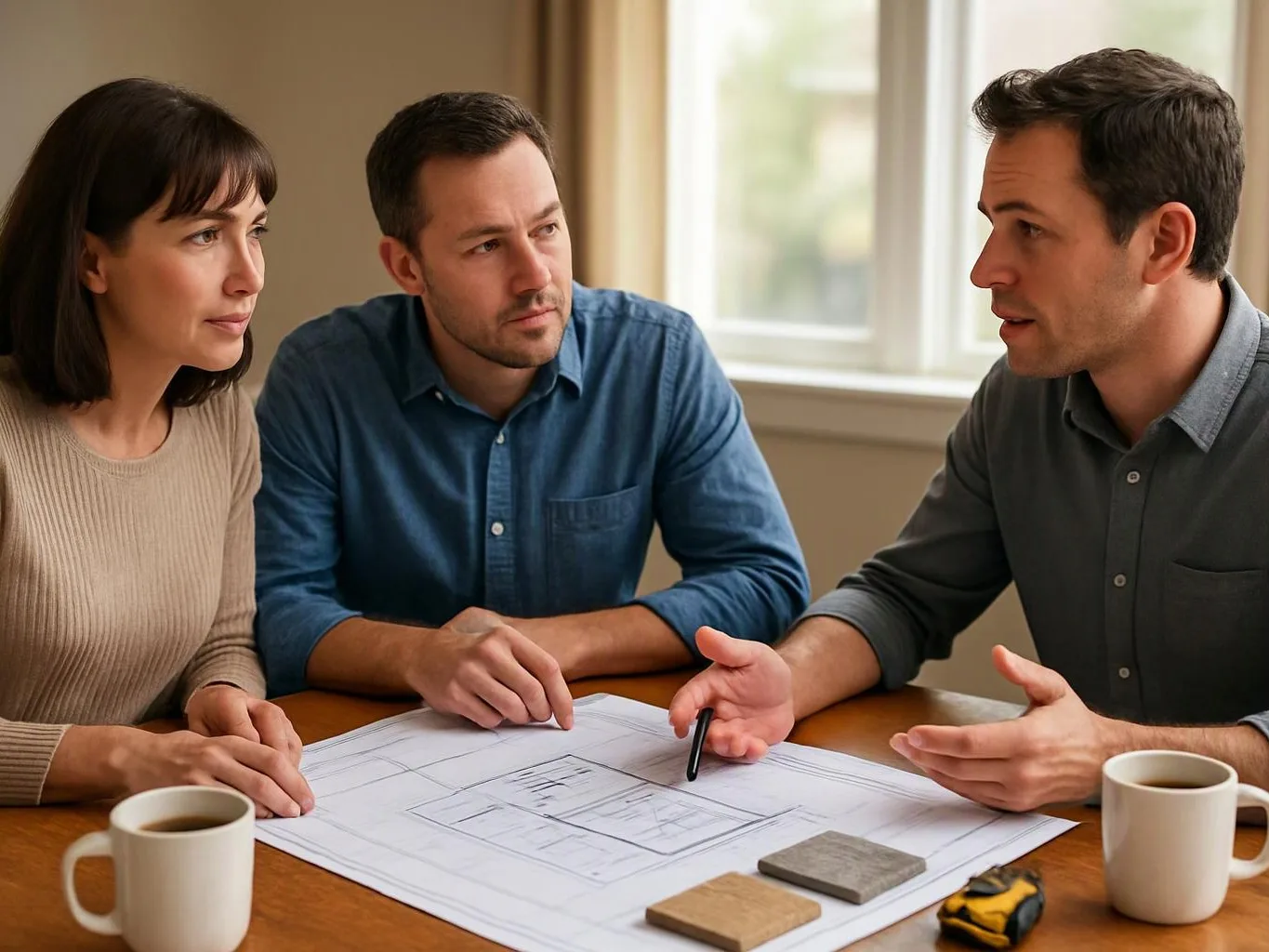 Three people sit at a table, studying a house floor plan while one man explains it
