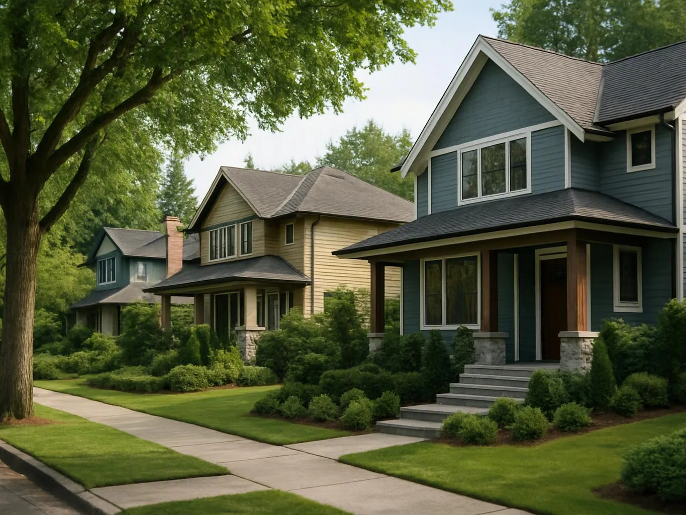 Three suburban houses line a tree-shaded street with neat lawns and sidewalks