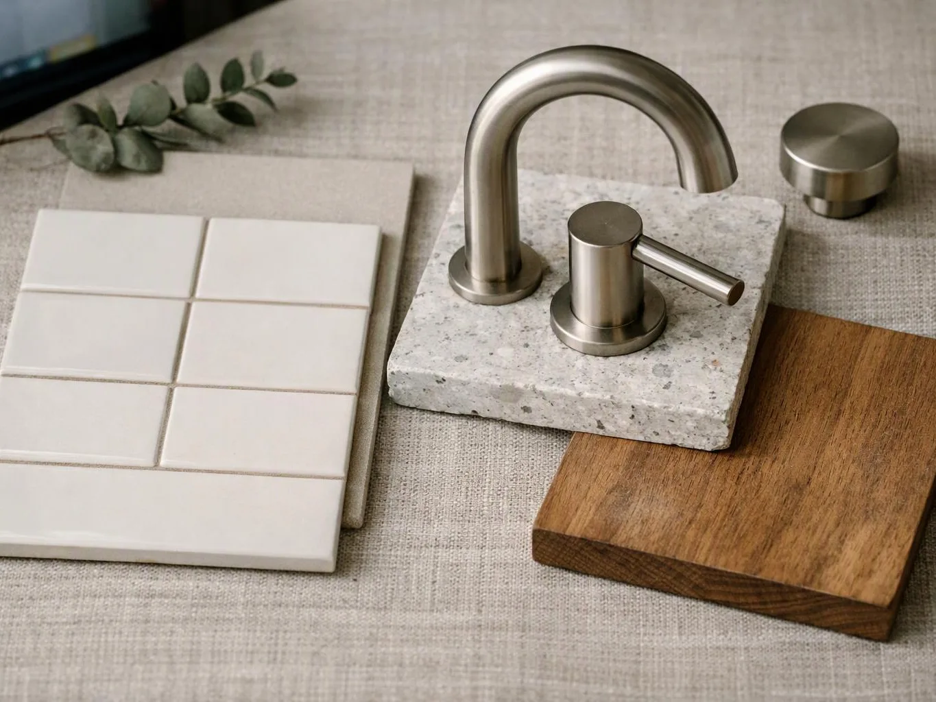 Three tile and wood samples sit beside a brushed metal faucet and knob on fabric
