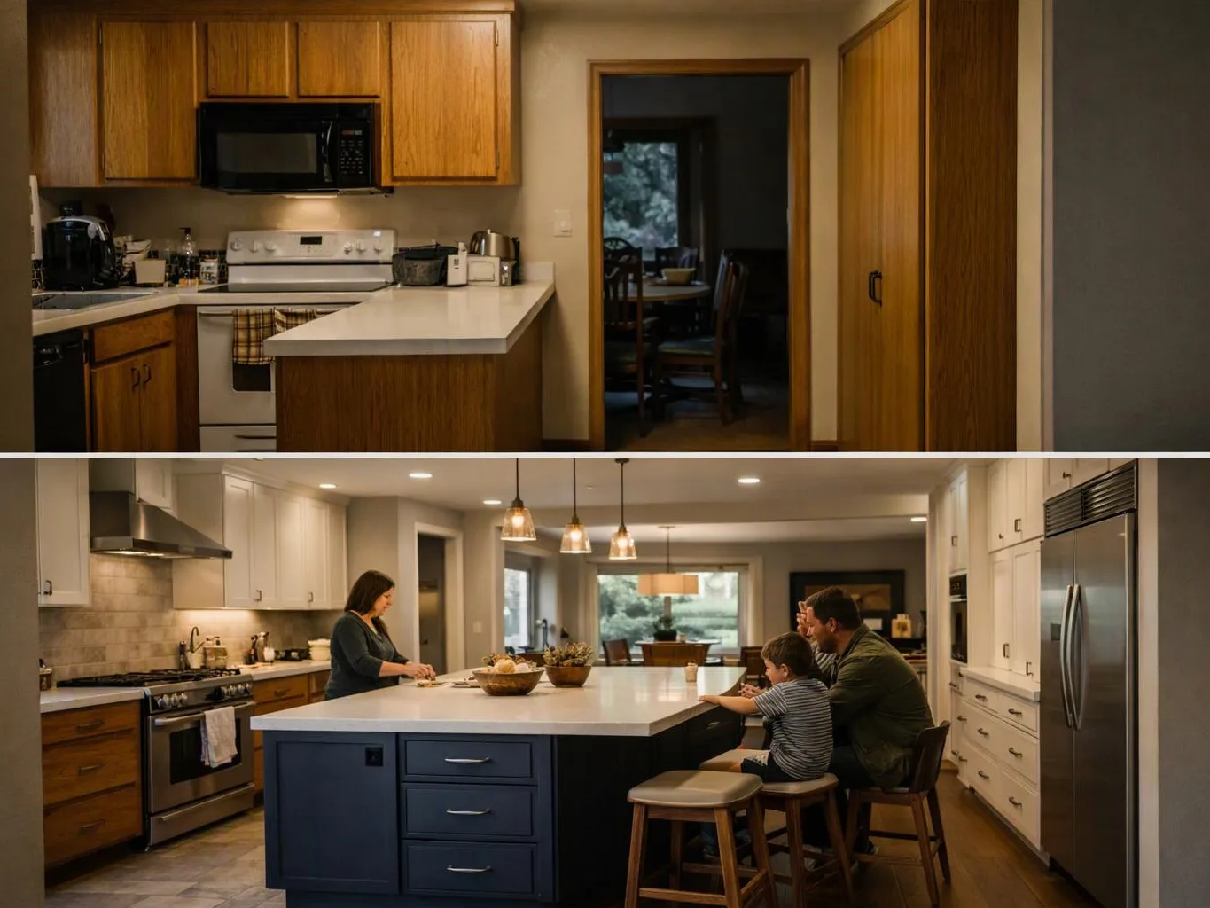 Two kitchen photos show empty cabinets above and a family sitting around a large island in a bright home kitchen