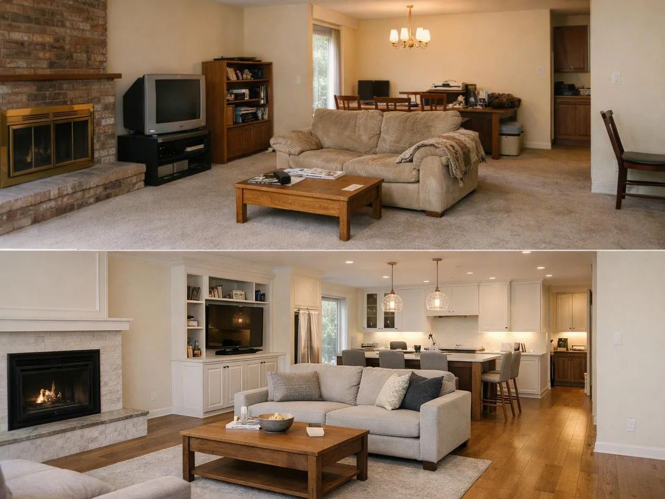 Two living rooms are shown, one older with a brick fireplace and one brighter with a lit fireplace and open kitchen