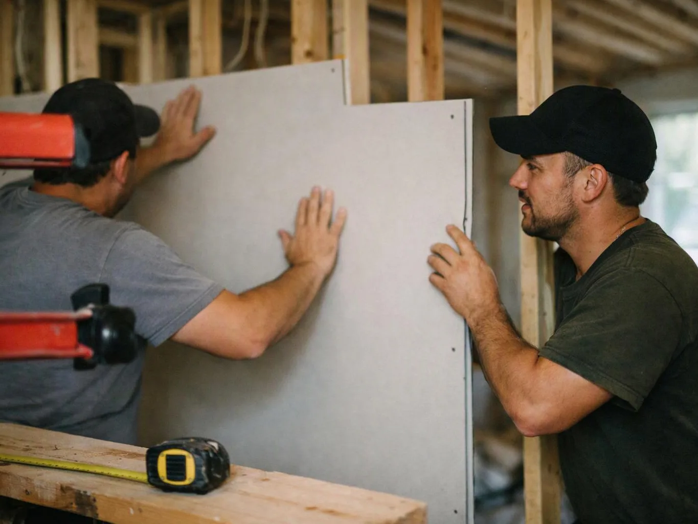 Two men in caps hold a drywall panel inside a wooden-framed room Information available on request