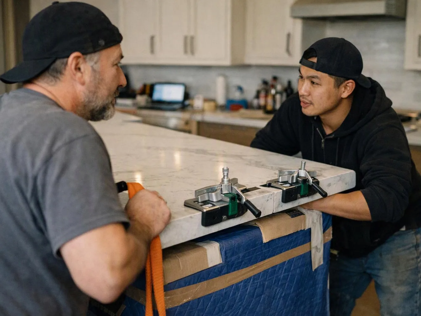Two men in caps steady a heavy countertop in a bright kitchen while metal clamps hold it in place