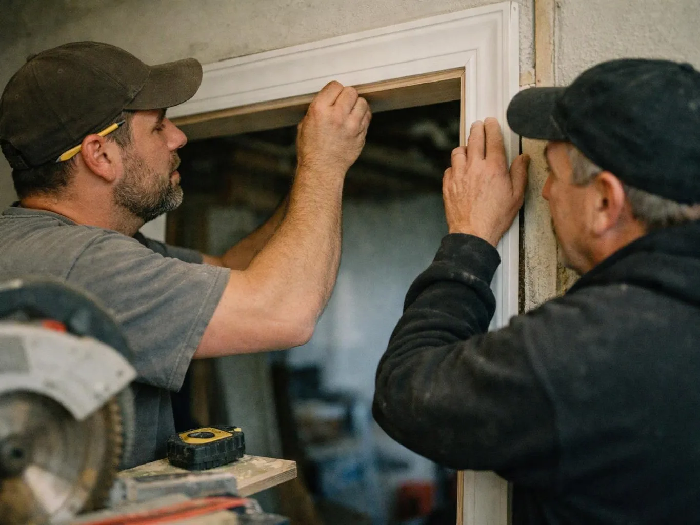 Two men install a white door frame indoors, with a saw and measuring tape nearby
