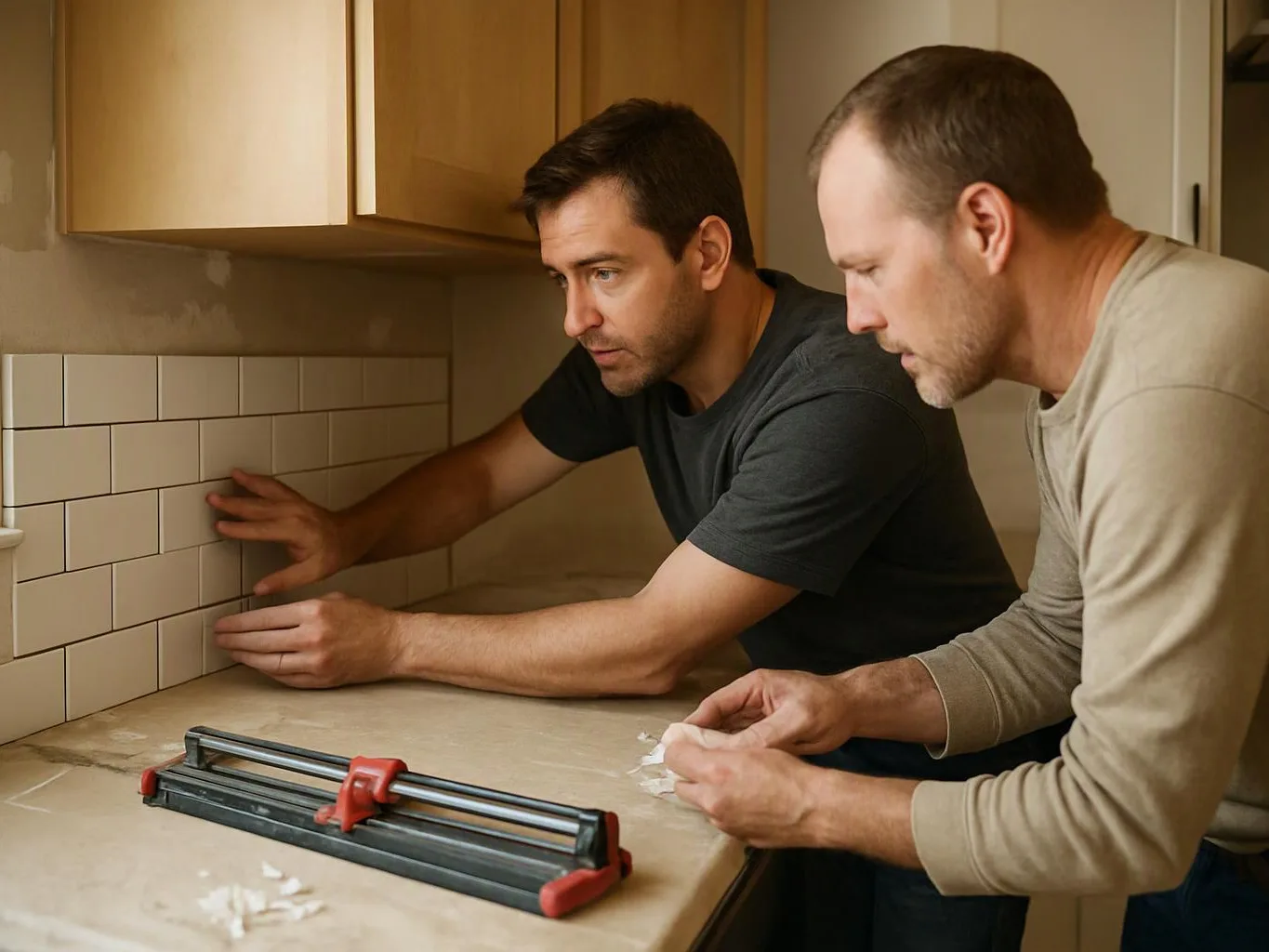 Two men install white subway tile on a kitchen backsplash while tools sit on the counter