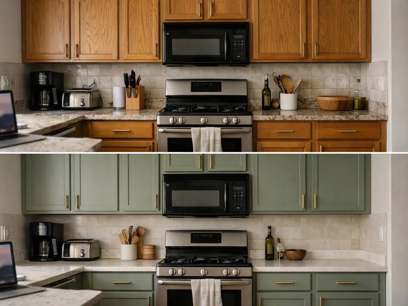 Two nearly identical kitchens, one with wood cabinets and one with sage green cabinets, show a stove, microwave