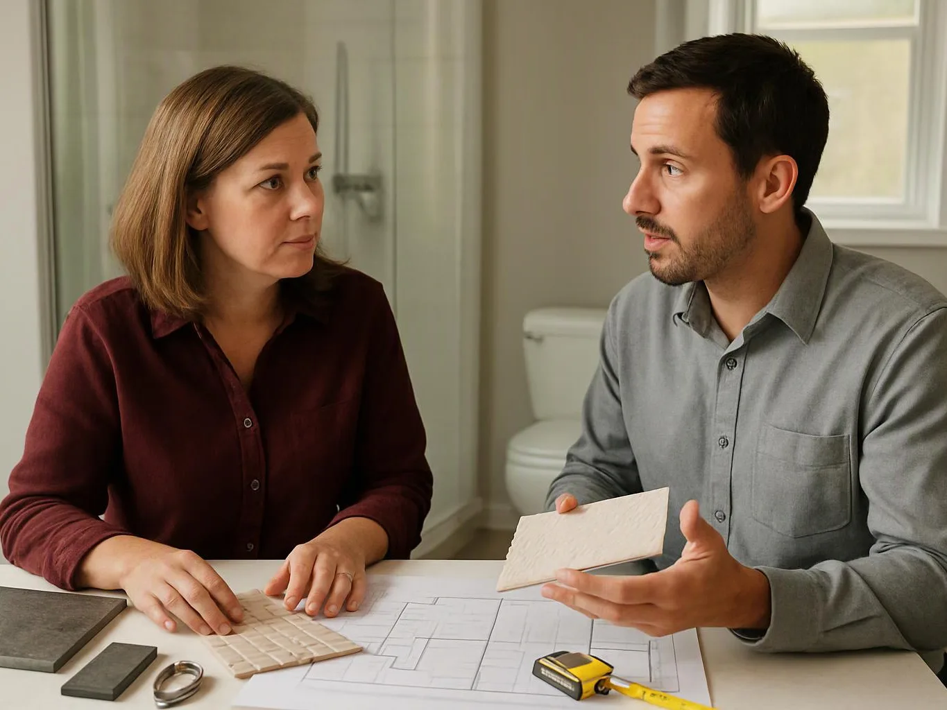 Two people discuss tile samples over floor plans at a table in a bright bathroom