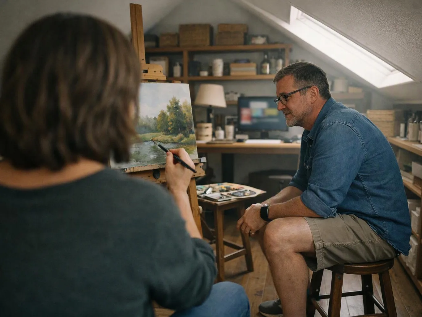 Two people paint in a loft studio, one studying a landscape on an easel while the other watches closely