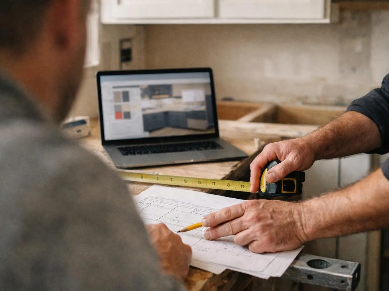 Two people review blueprints at a workbench with a laptop, tape measure, and pencil in a workshop
