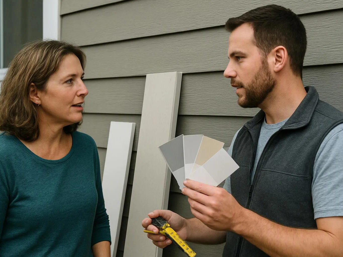 Two people stand outside a house, looking at paint color swatches and a tape measure