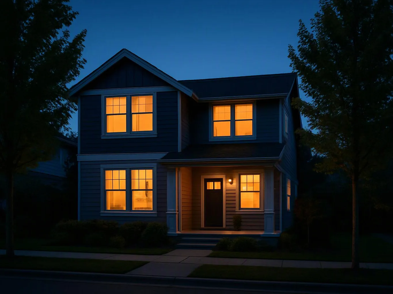 A two-story house glows with warm lights at dusk, framed by trees and a front walkway