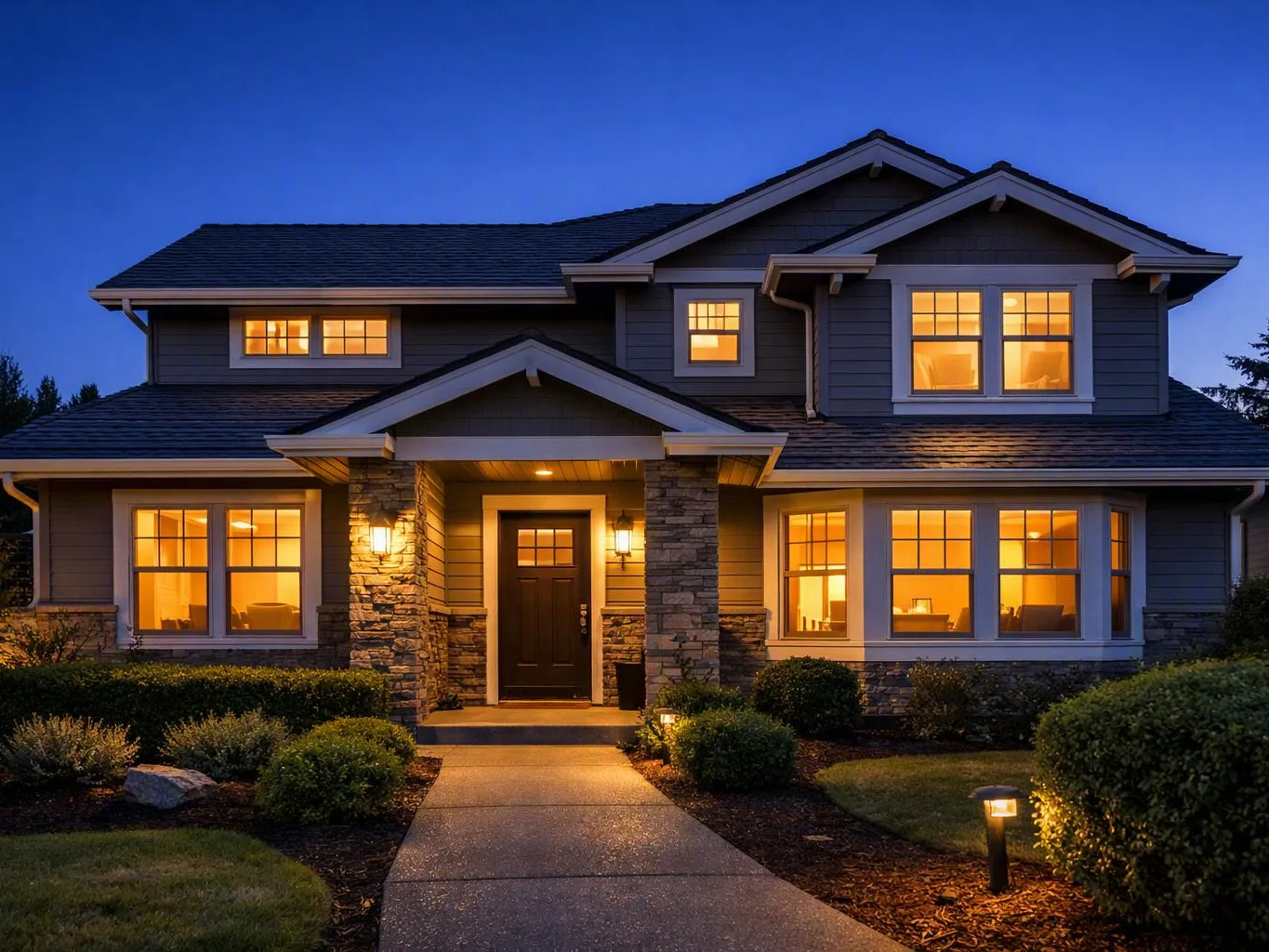 A two-story house glows with warm lights at dusk, with a front walkway, shrubs, and stone entry columns