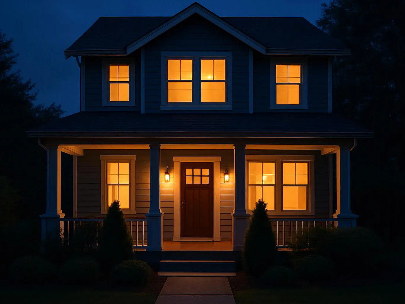 A two-story house glows with warm lights at night, with a front porch, steps, and dark trees around it