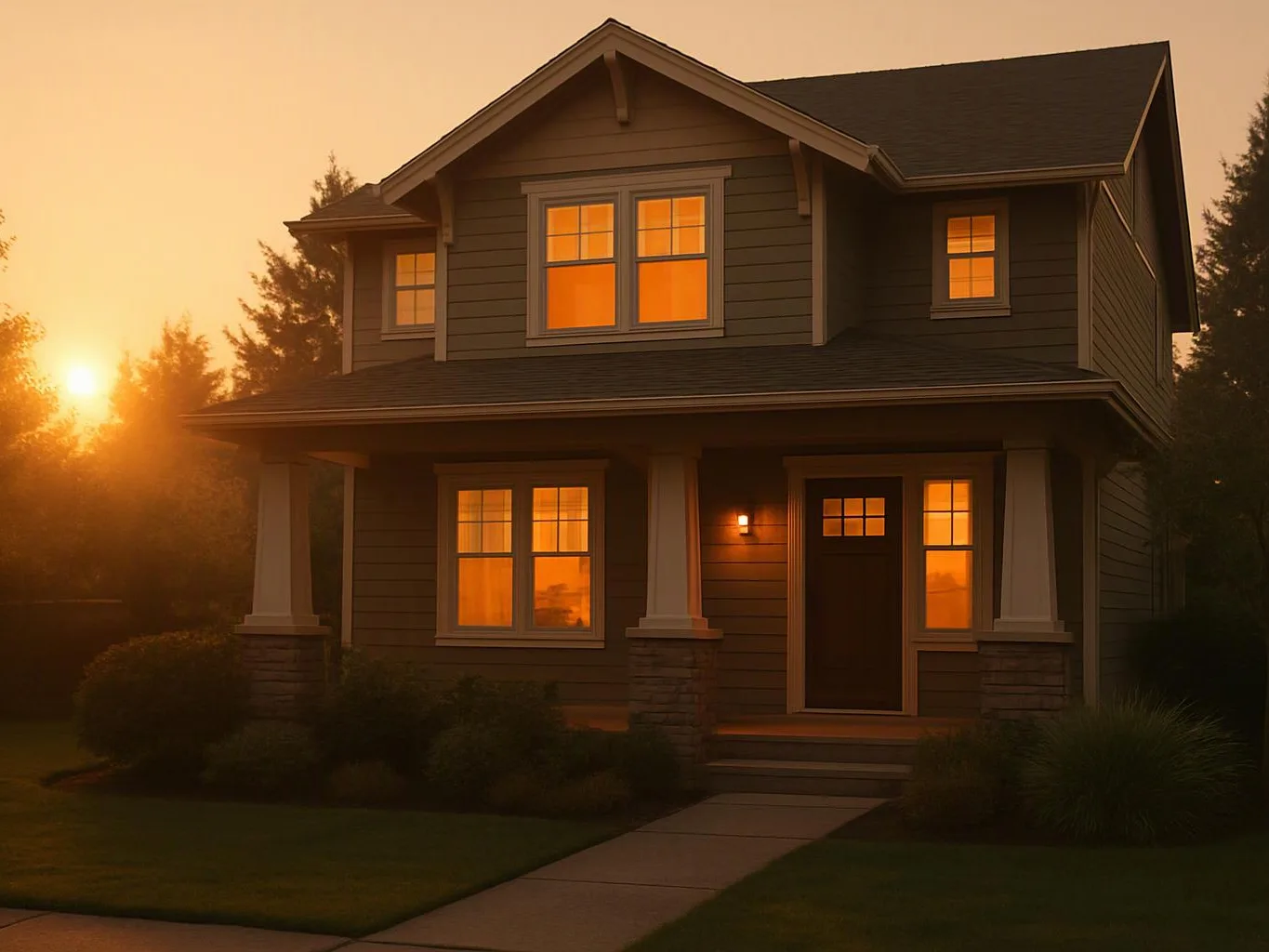 A two-story house glows with warm window light at sunset, with a front porch and walkway visible