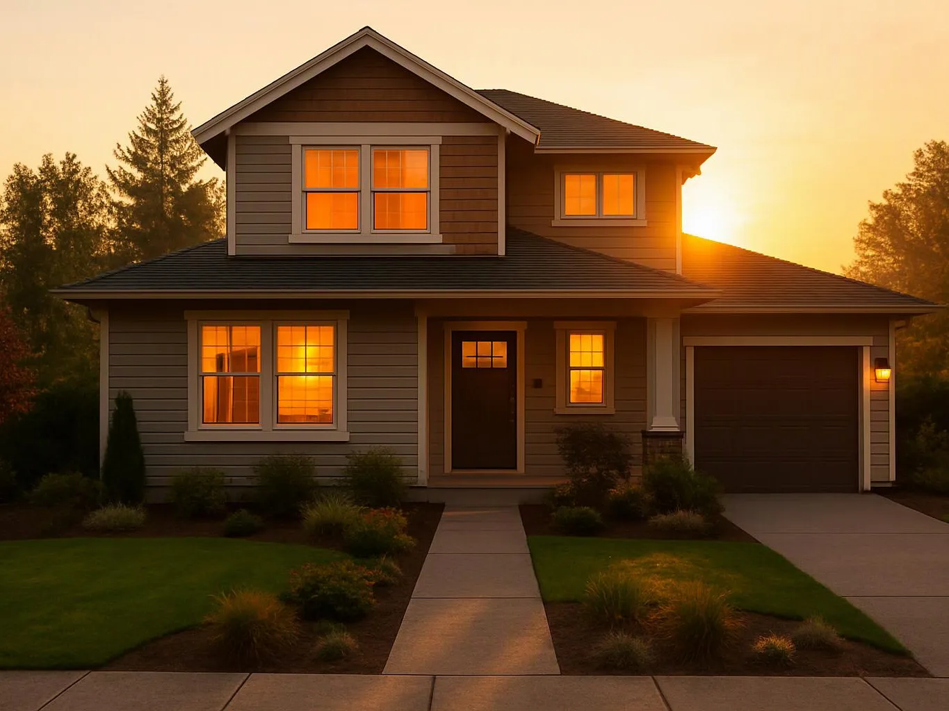 A two-story suburban house glows at sunset, with lit windows, a front path, and a garage