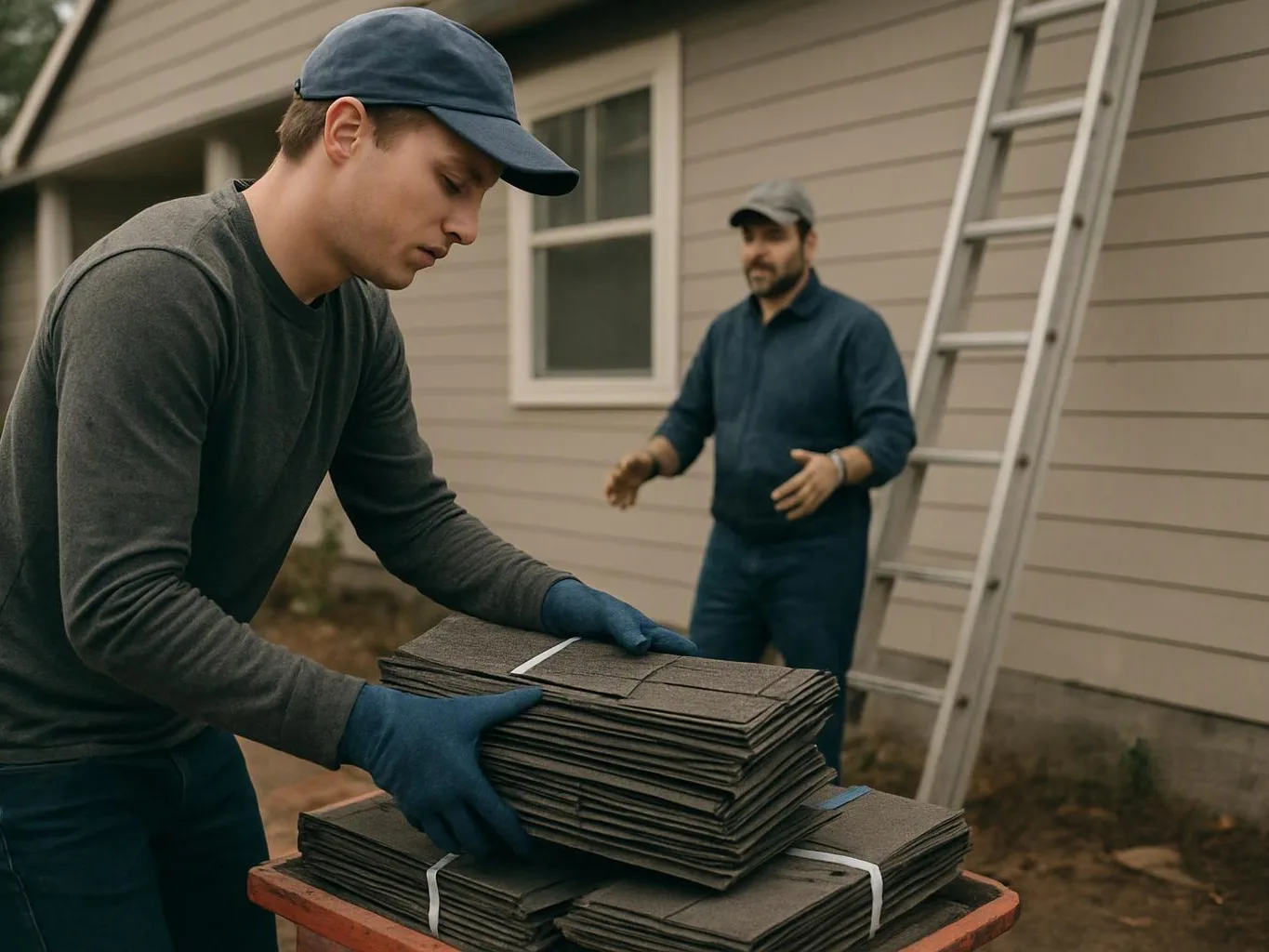 Two workers handle stacked roof shingles beside a house, with a ladder leaning against the siding