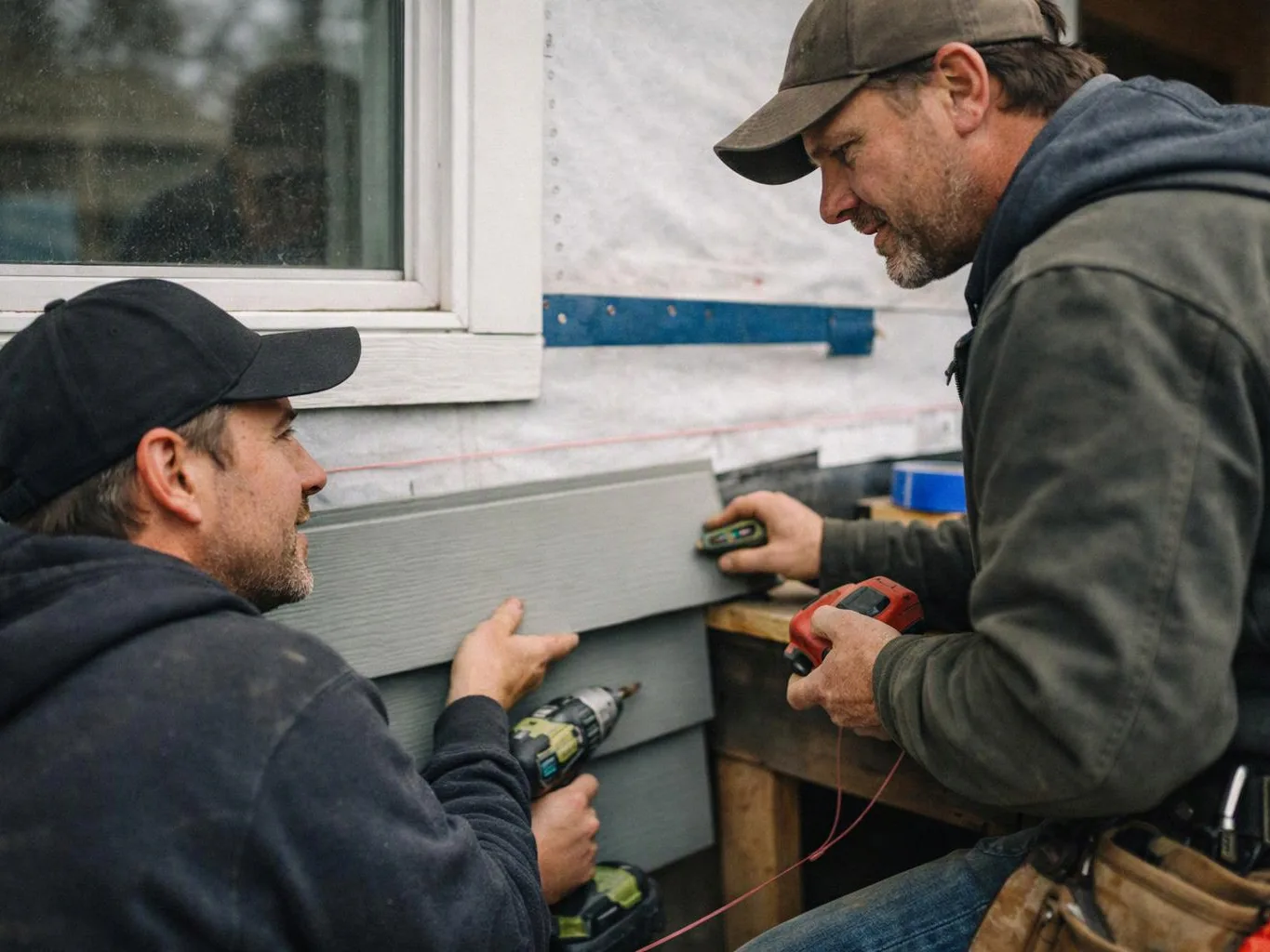 Two workers install gray siding beside a window, one holding a drill while the other measures the panel