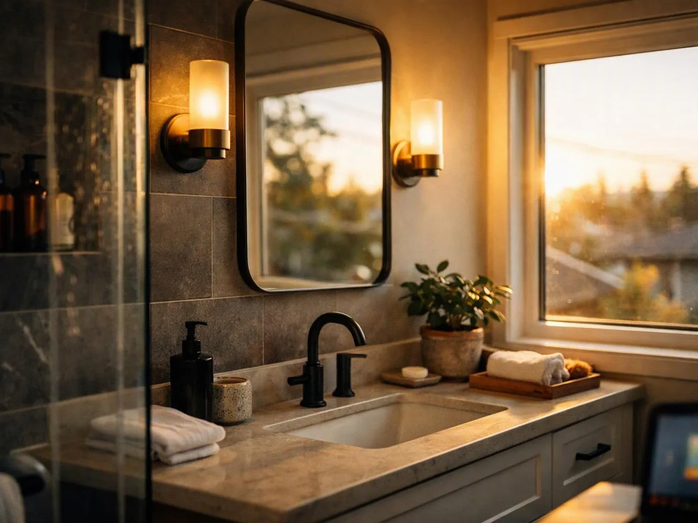 A warm bathroom vanity with a black faucet, lit wall sconces, a mirror, and a sunlit window beside a potted plant