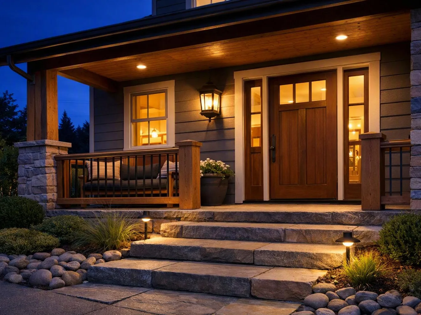A warmly lit house porch with stone steps, a wooden front door, and a small bench at dusk