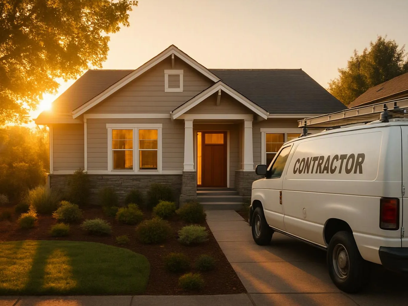 A white contractor van sits beside a sunlit suburban house with a front porch and landscaped yard