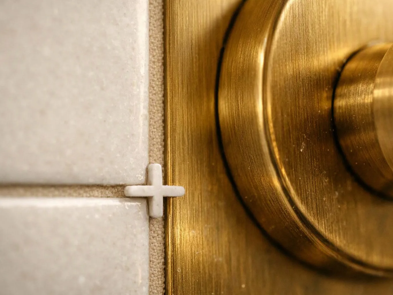 A white tile spacer sits beside a brass fixture against a tiled wall