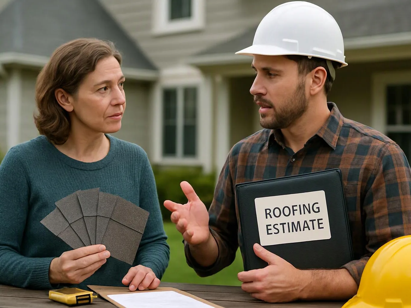A woman holds roofing shingle samples while a man in a hard hat shows a roofing estimate outside a house