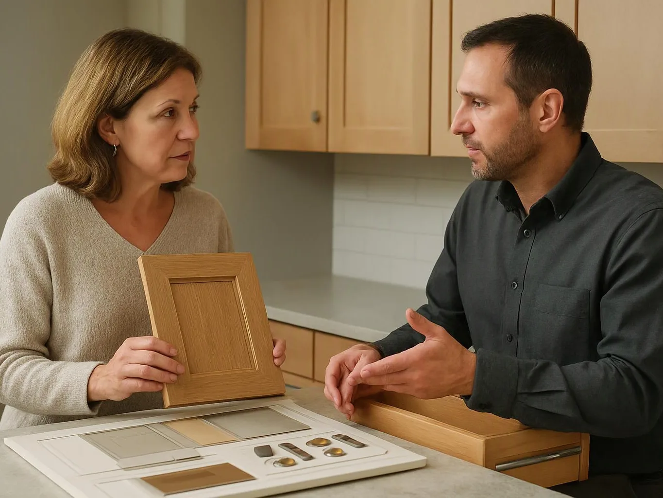 A woman holds a wood cabinet door while a man gestures beside countertop samples in a kitchen showroom