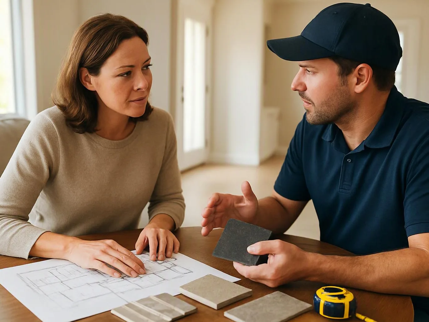 A woman and a man in a cap discuss floor plans and tile samples at a table in a bright room