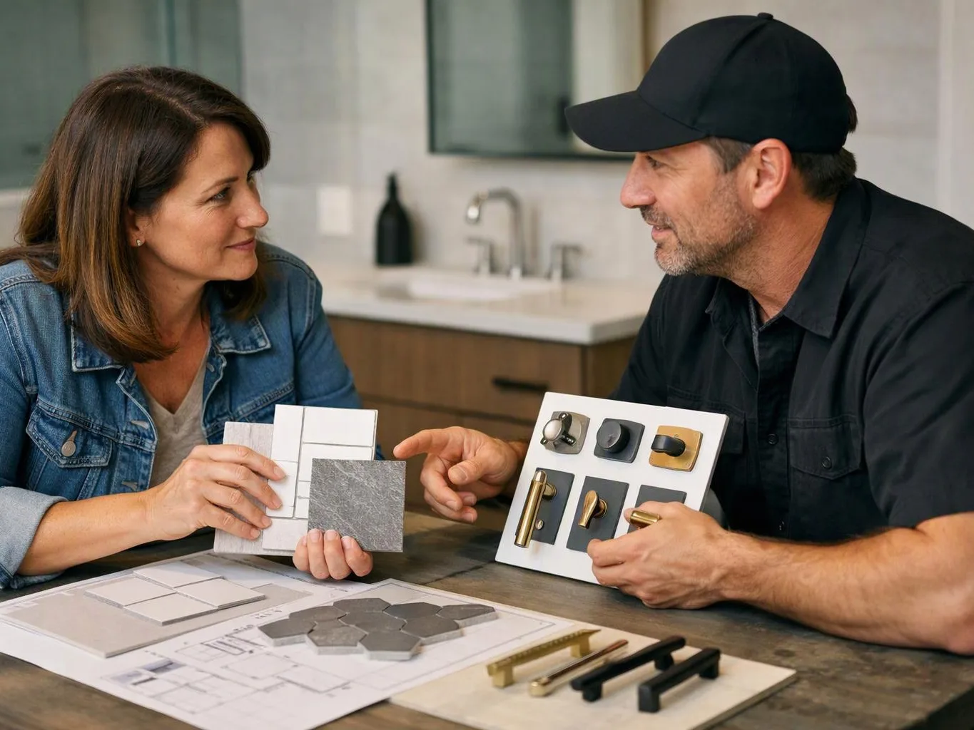 A woman and man compare cabinet hardware and tile samples at a kitchen table