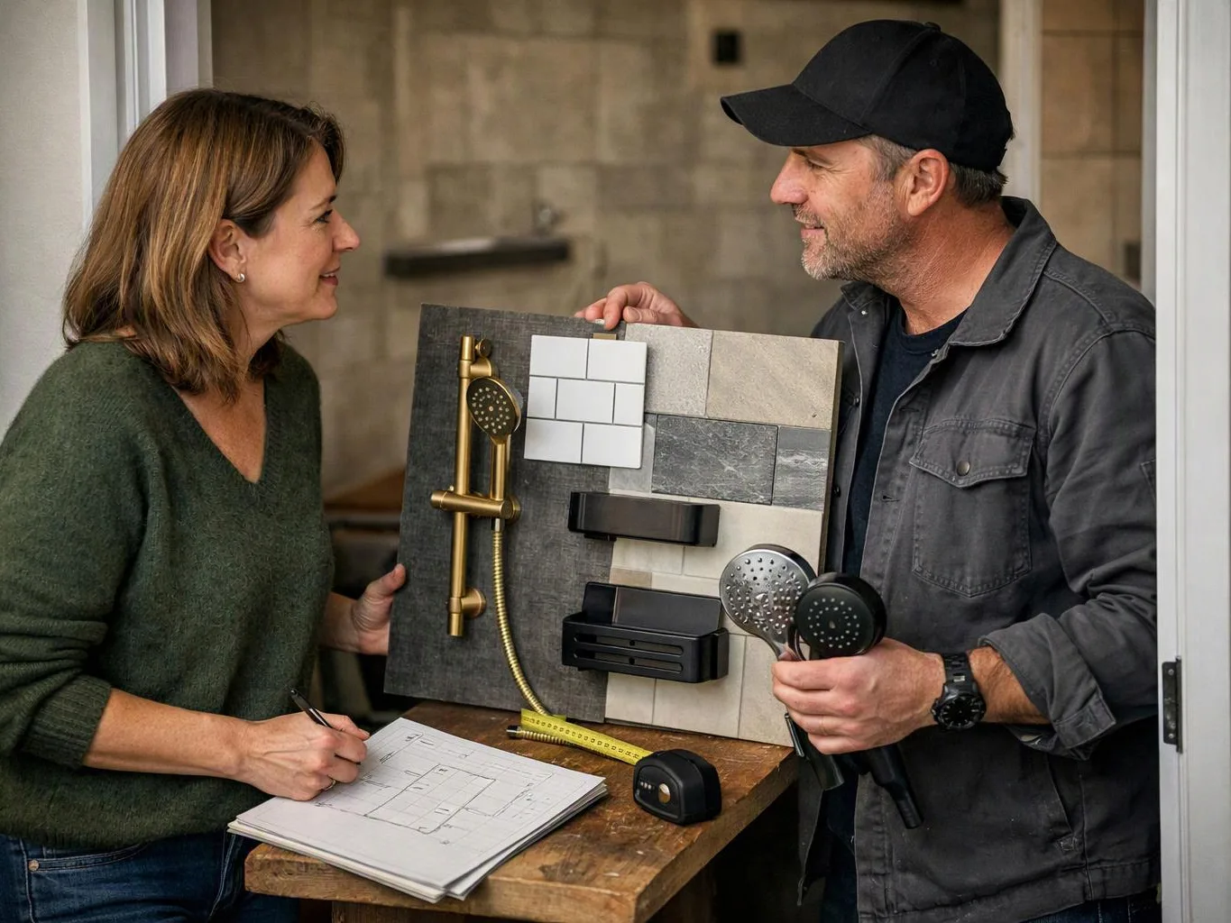 A woman and a man discuss bathroom tile samples and shower fixtures at a wooden table