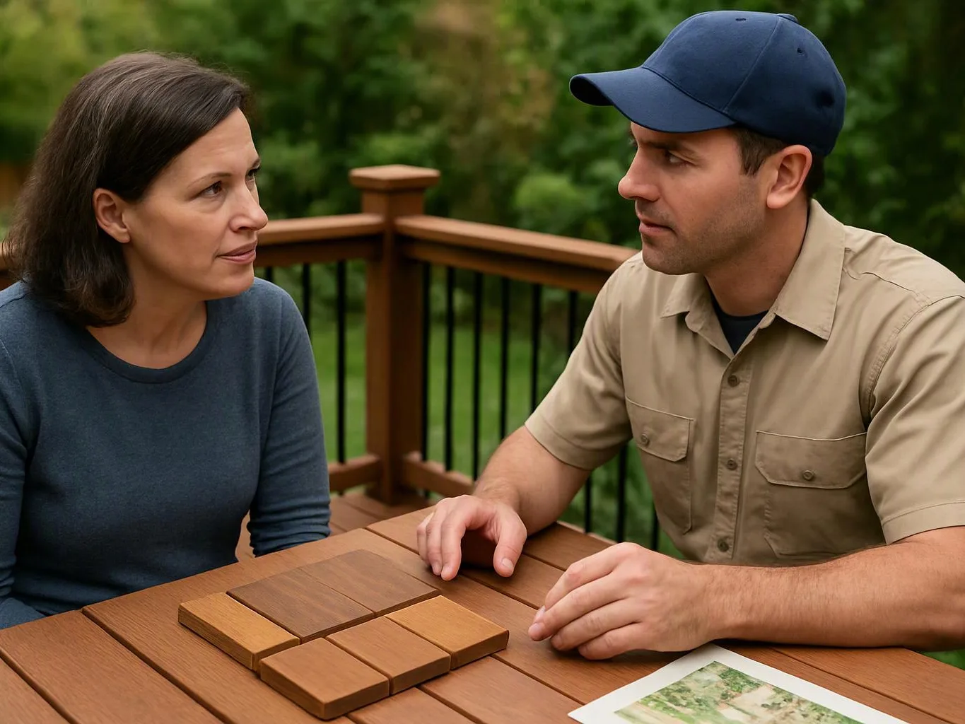 A woman and man sit at a wooden table on a deck, talking over wood samples and a printed map