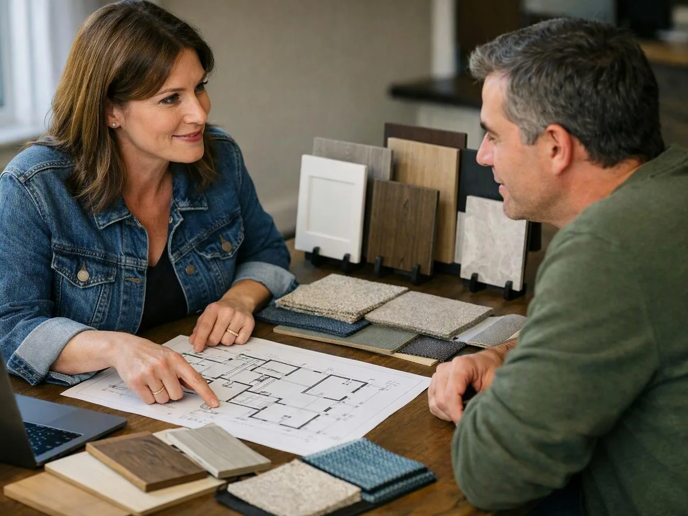 A woman points at a floor plan while talking to a man across a table with material samples