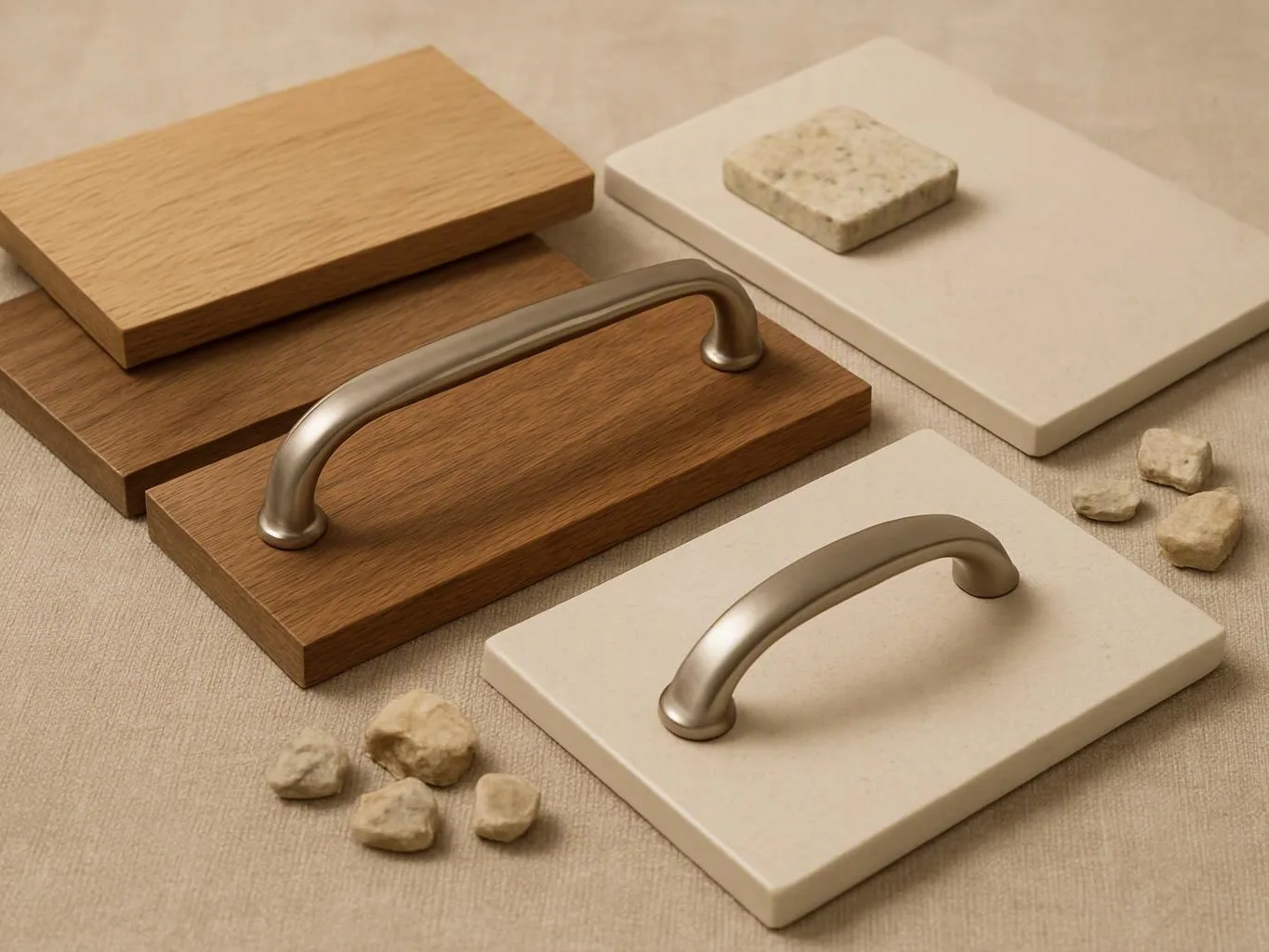 Wood and cream sample boards with curved metal handles and small stones sit on beige fabric