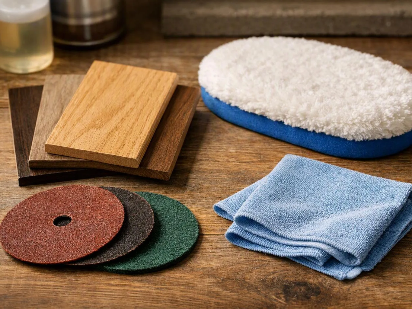 Wood sample boards, sanding discs, a microfiber pad, and folded blue cloths sit on a wooden workbench