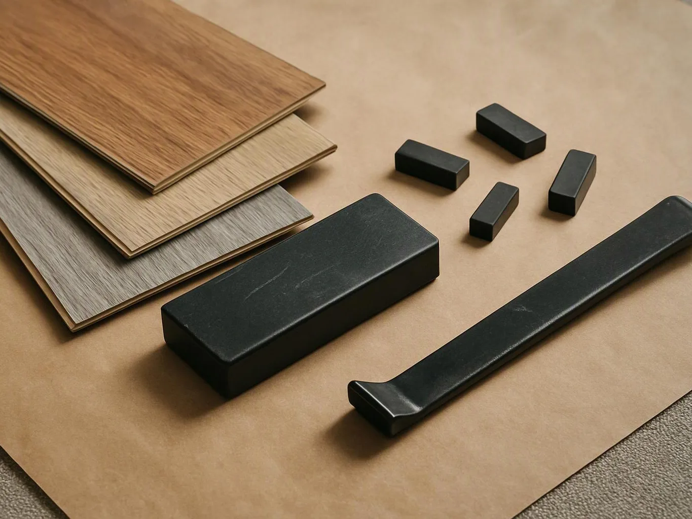 Wood veneer samples and black rectangular parts are arranged neatly on a tan surface