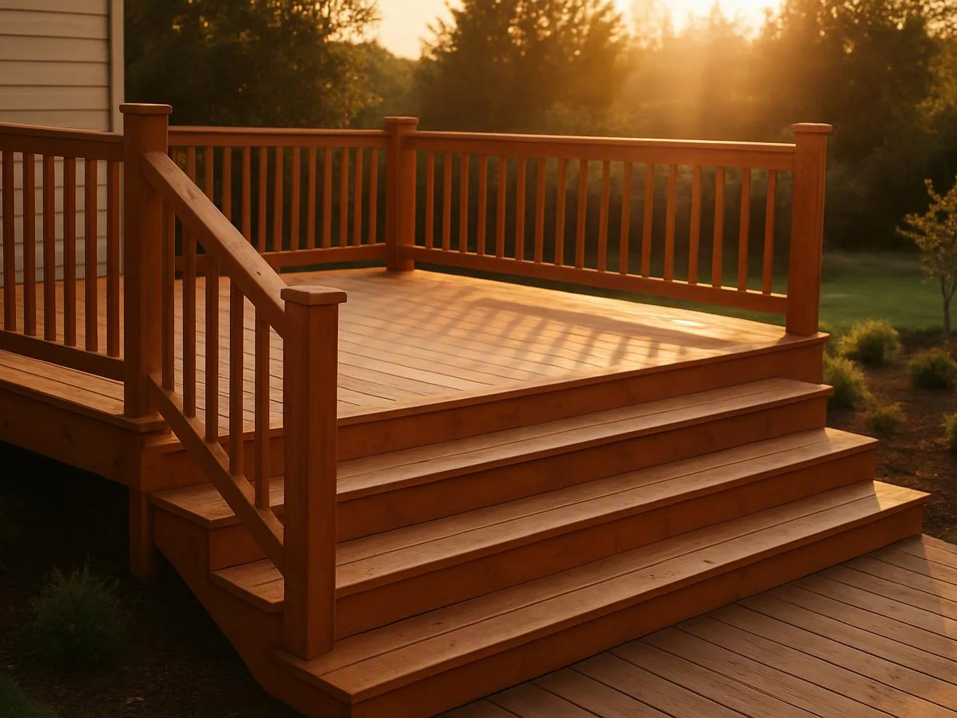 A wooden backyard deck with steps and railings glows in warm sunset light