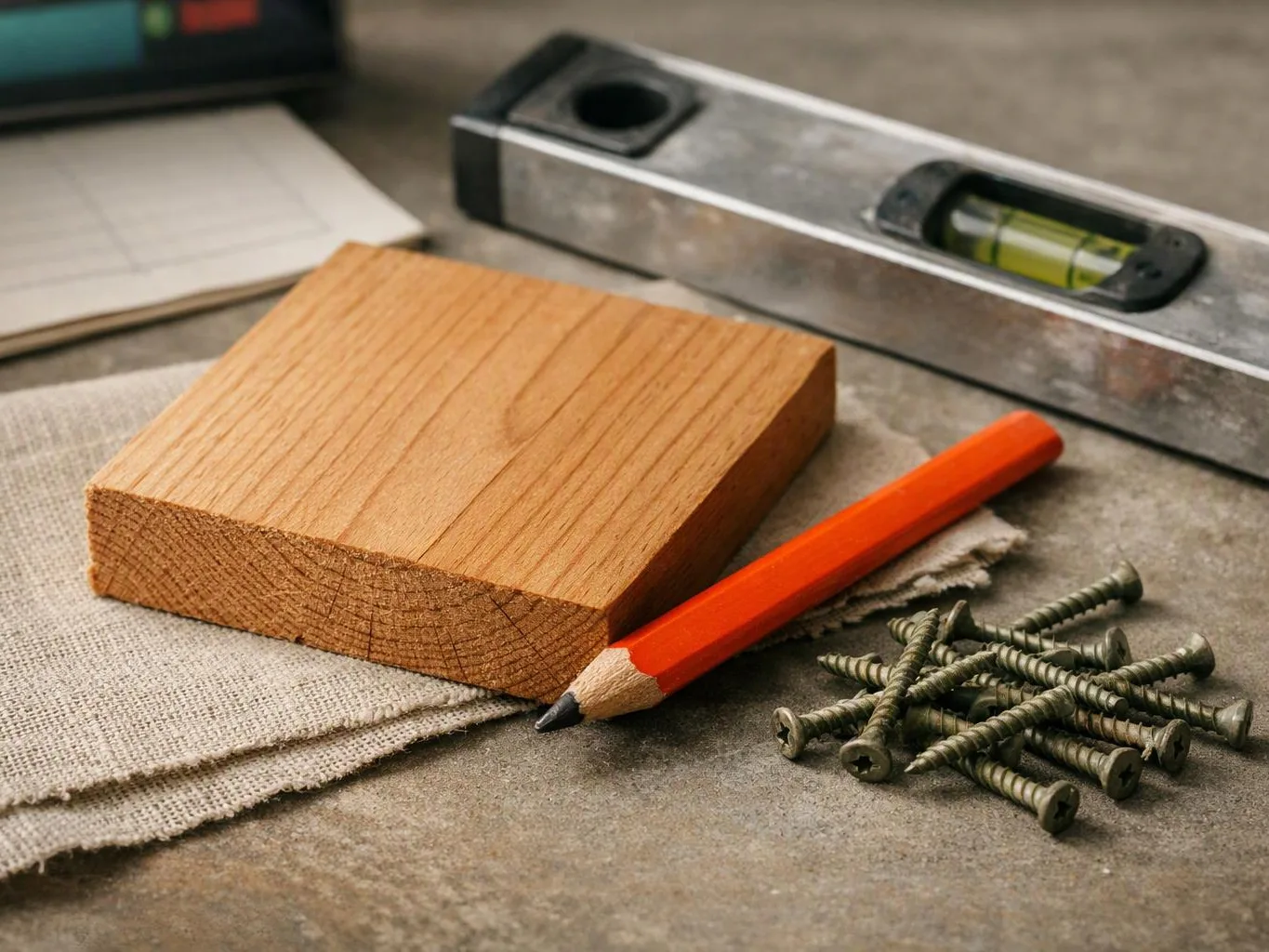 A wooden block, pencil, screws, and spirit level rest on a workbench with cloth pieces