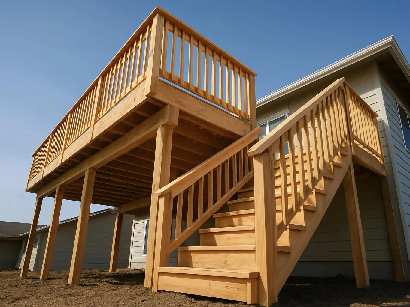 A wooden deck with stairs rises beside a house under a clear blue sky