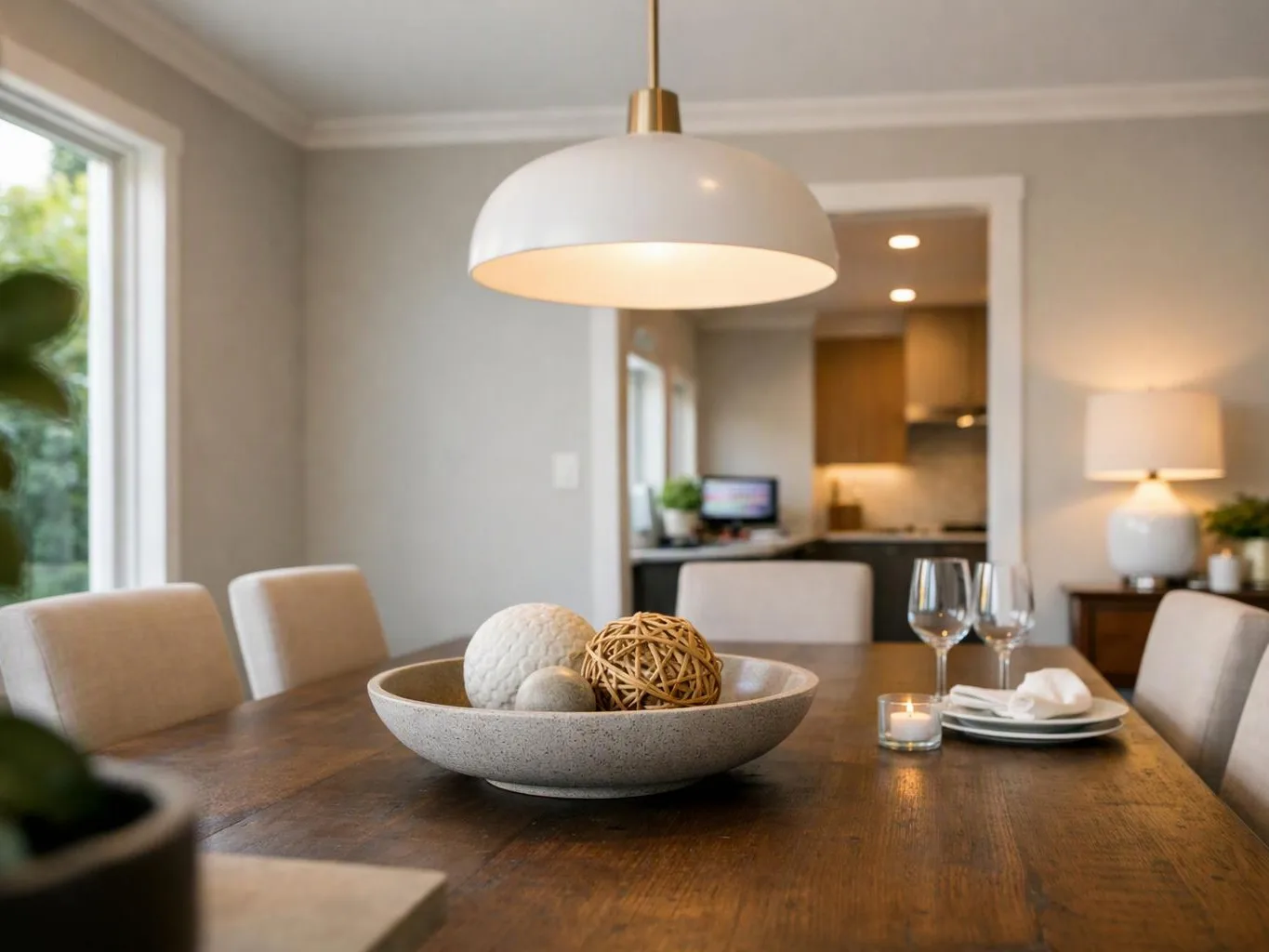 A wooden dining table sits with a decorative bowl, wine glasses, plates, and a lit candle in a bright room