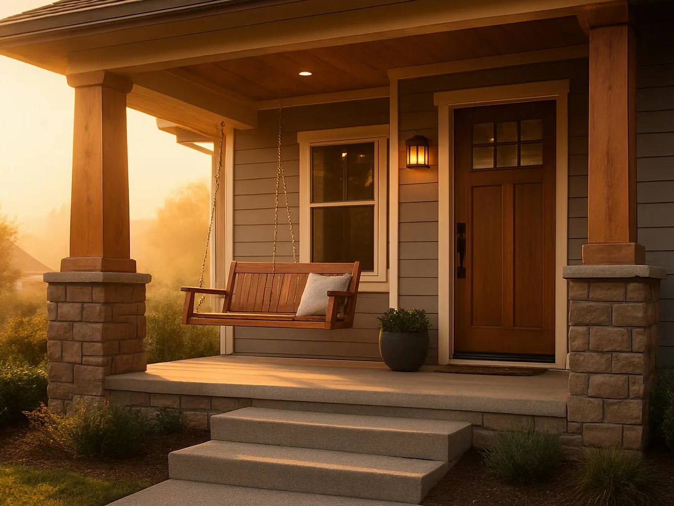 A wooden porch with a hanging bench, front door, steps, and warm sunset light