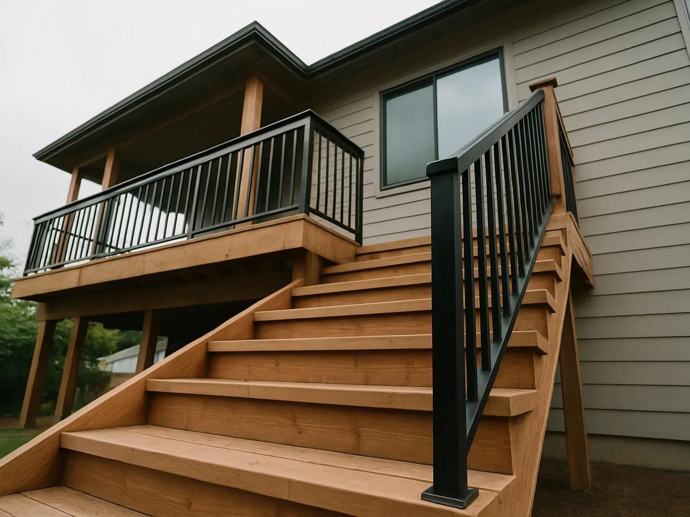 Wooden stairs lead up to a raised deck with black railings on a house exterior